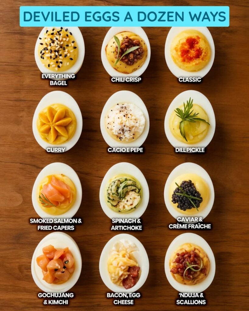 A dozen deviled eggs topped with different creative ingredients like everything bagel seasoning, smoked salmon, spinach-artichoke, and chili crisp.

A vibrant selection of deviled egg variations showing 12 different topping ideas, from classic to gourmet. A must-see for anyone looking to elevate their deviled eggs recipe with unique flavors.