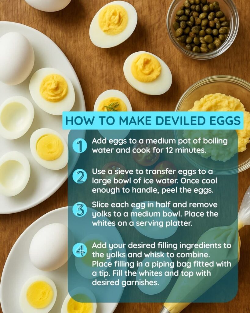 Step-by-step visual guide for making deviled eggs, including boiled eggs, mashed yolks, piping bag, and garnishes like capers.

This infographic breaks down the deviled egg recipe process into four easy steps, complete with visuals: boiling, peeling, mixing, and filling. Ideal for beginners and visual learners.